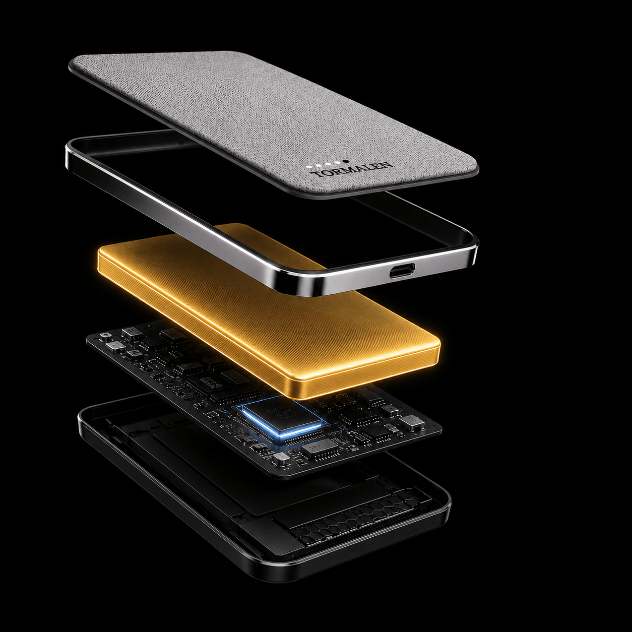 Exploded view of the TORMALEN power bank's five layers: fabric surface, metal frame, semi-solid cell, smart circuit, and bottom housing
